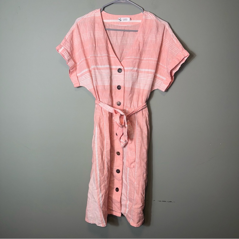 Carve Designs Linen Blend‎ Belted Pink Striped Button Down Shirt Dress Size S